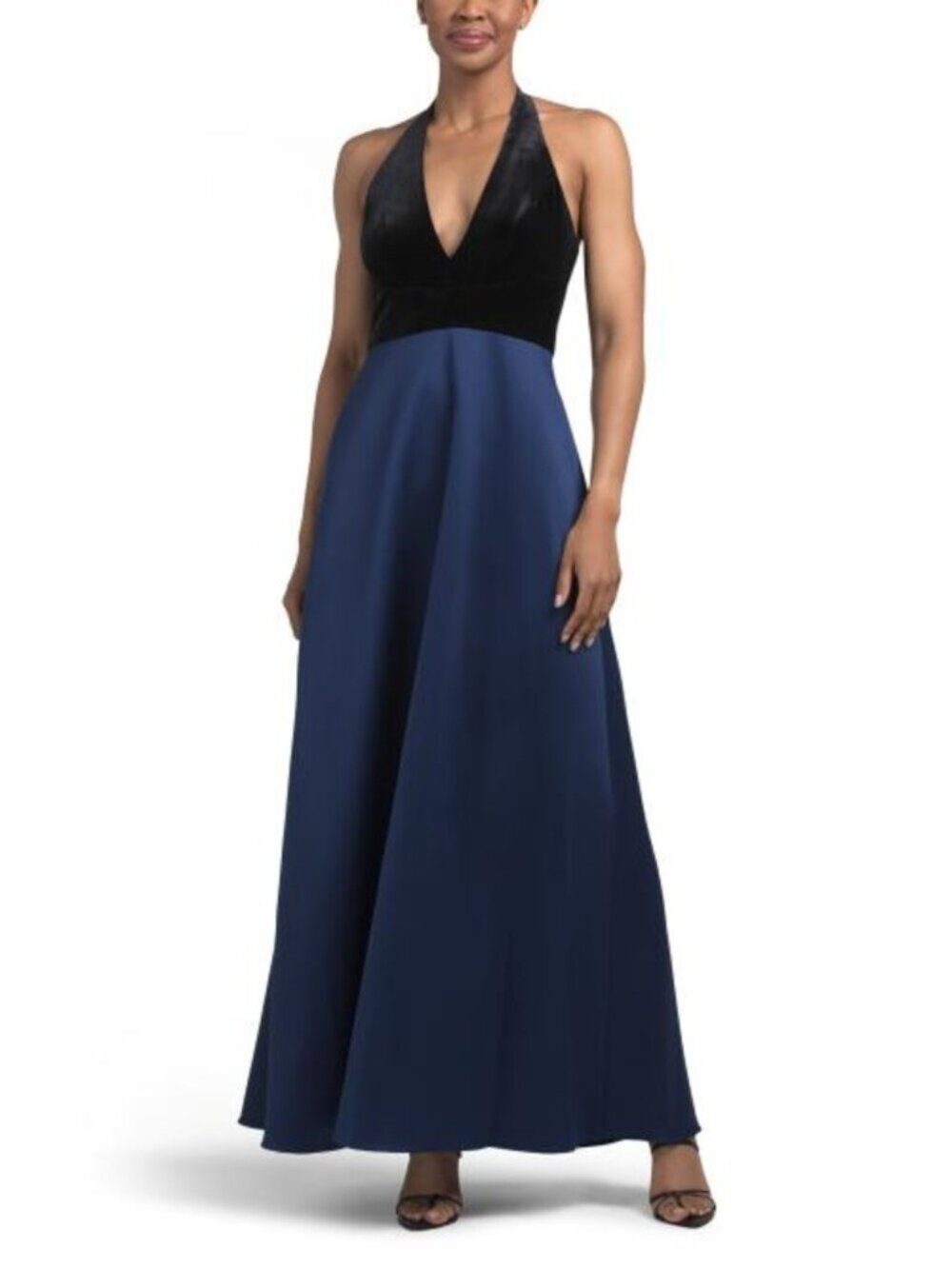 Aidan Mattox black velvet bonded navy blue a line satin skirt gown dress size 4